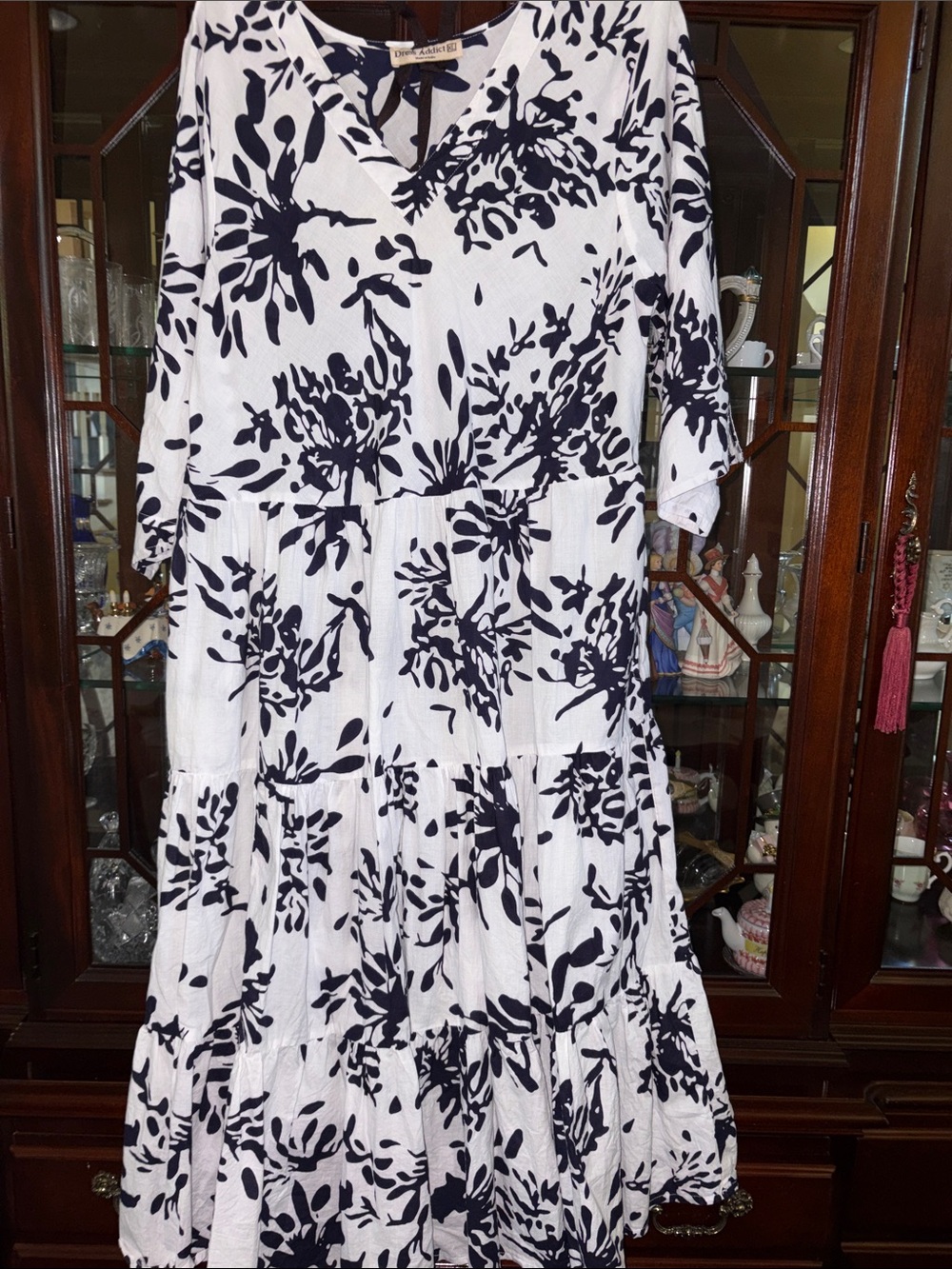 White & Navy Floral Tiered V-Neck Dress by Dress Addict